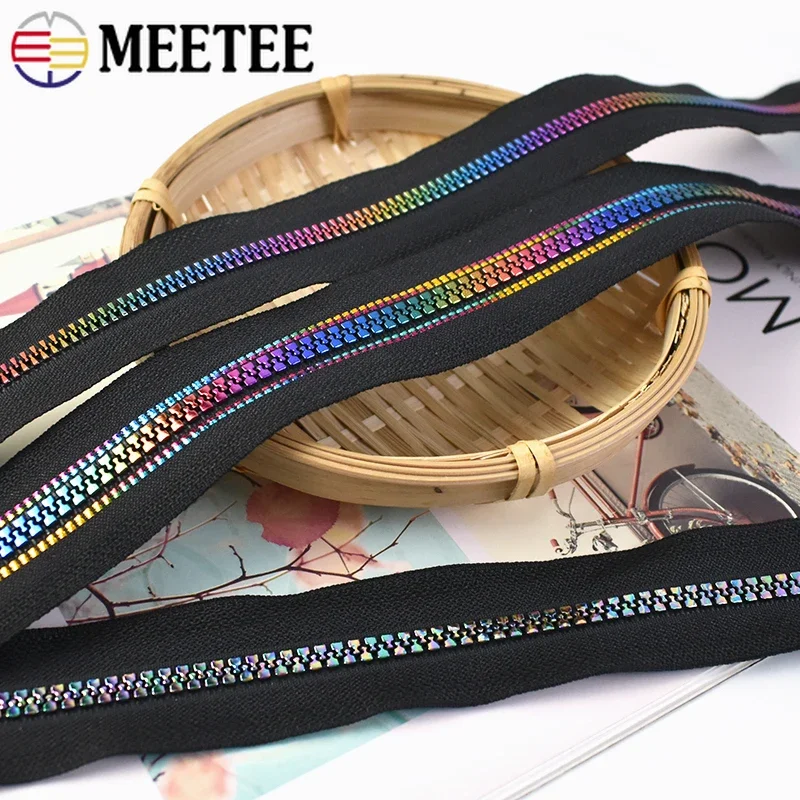 1/2/3M Meetee 5# Resin Zipper Tapes Rainbow Tooth With Zippers Heads Bags Clothes Pocket Zips Repair Kits DIY Sewing Accessories