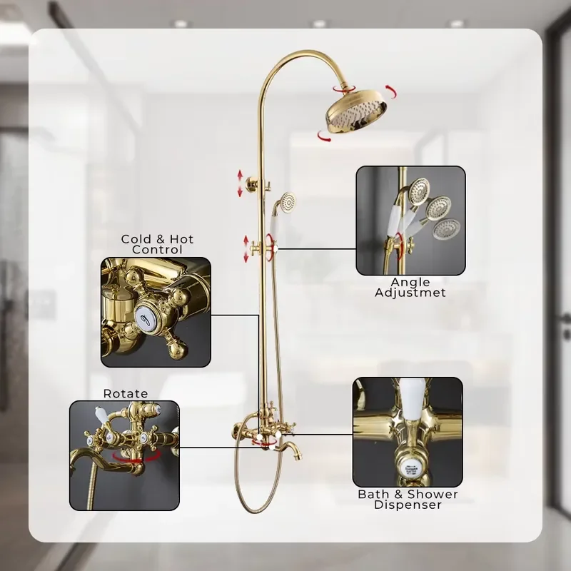 European Classic Golden Brass Shower Faucet Dual Handle Rainfall and Jet System for Hotel Bathroom