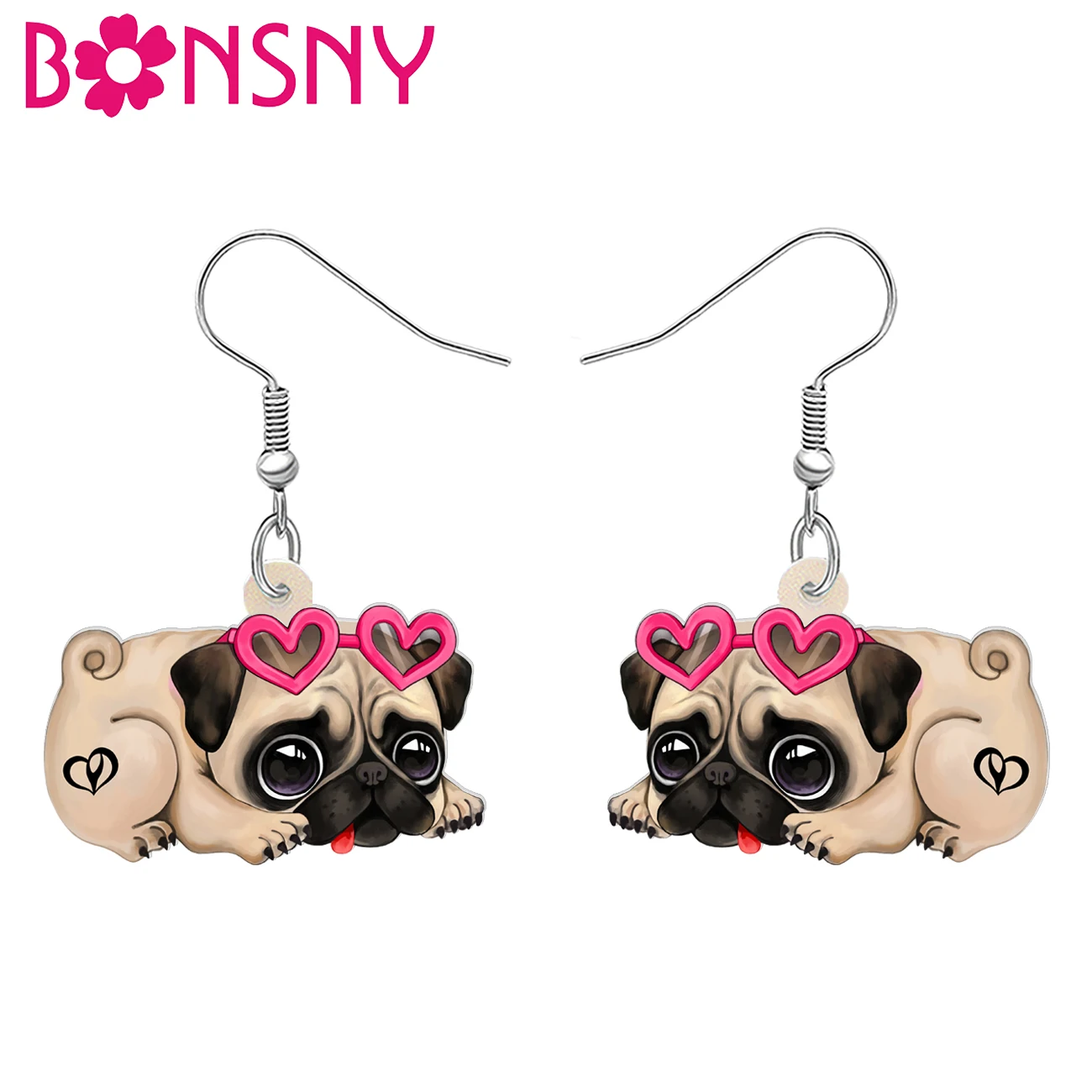 BONANY-pendientes acrílicos con forma de perro Pug para mujer, niña, niño y adolescente, aretes colgantes con ojos grandes, joyería para regalo de cumpleaños, color rosa