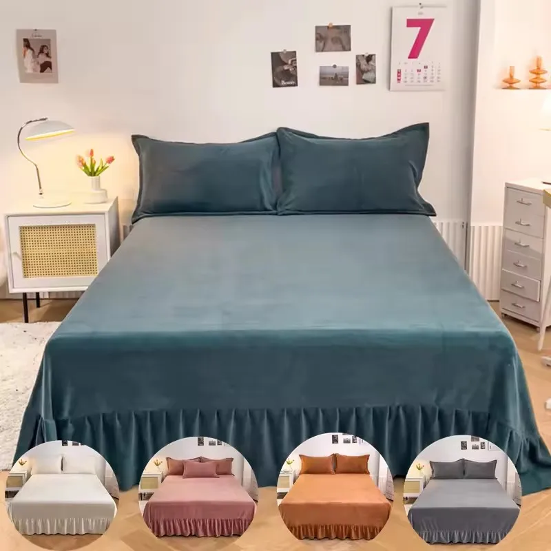 

Простыня MissDeer с оборками, утепленная бархатная плоская простыня, однотонное постельное белье для дома, лента, приятные для кожи простыни