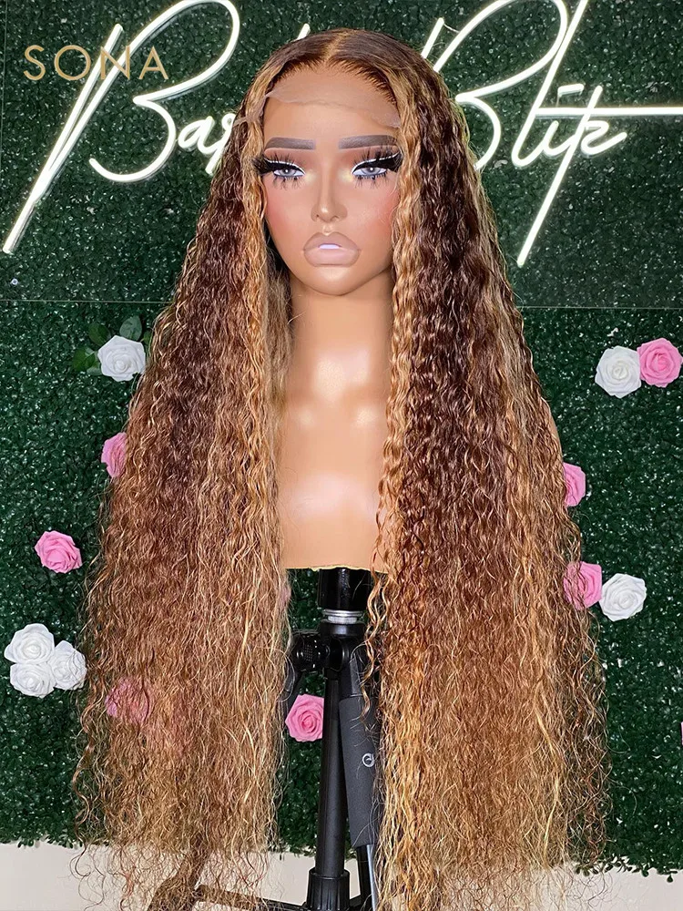 

4/27 Honey Blonde Highlight Kinky Curly Lace Front Wig 13x6 HD Transparent Lace Frontal Wigs Pre Plucked