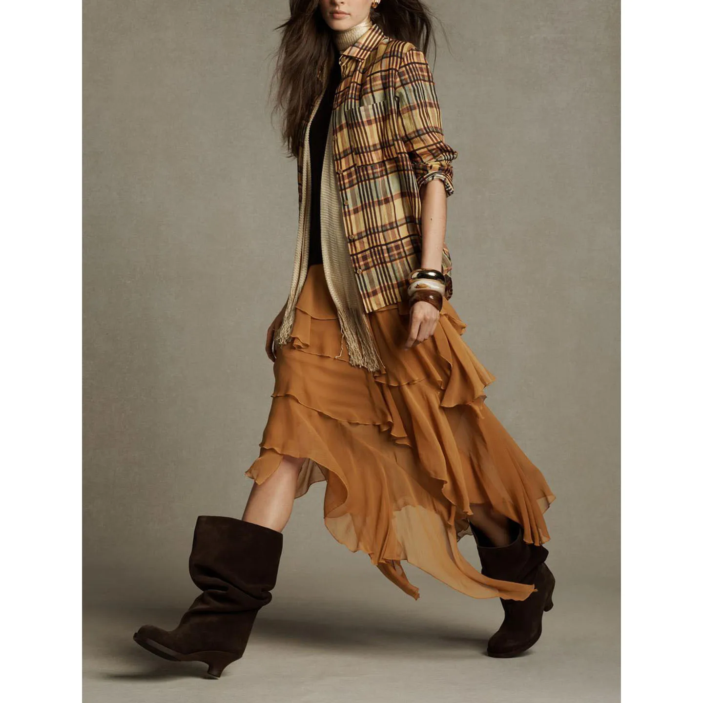 レトロな長袖チェック柄ワンピース レディース ゆったり ポリエステル ZA 2025 秋の新作 通気性抜群 快適ワンピース