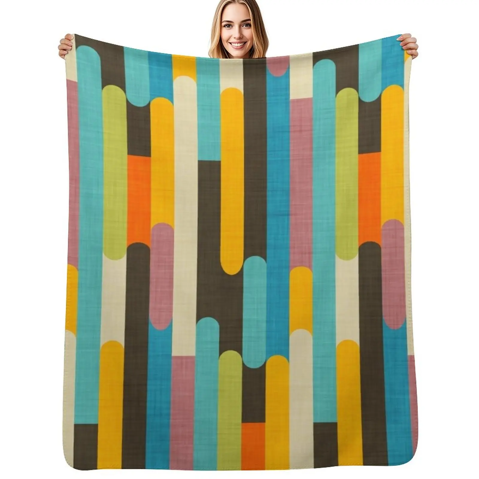 

Retro Color Block Popsicle Sticks Blue Throw Blanket Soft Solid Color Blanket for Couch Bed