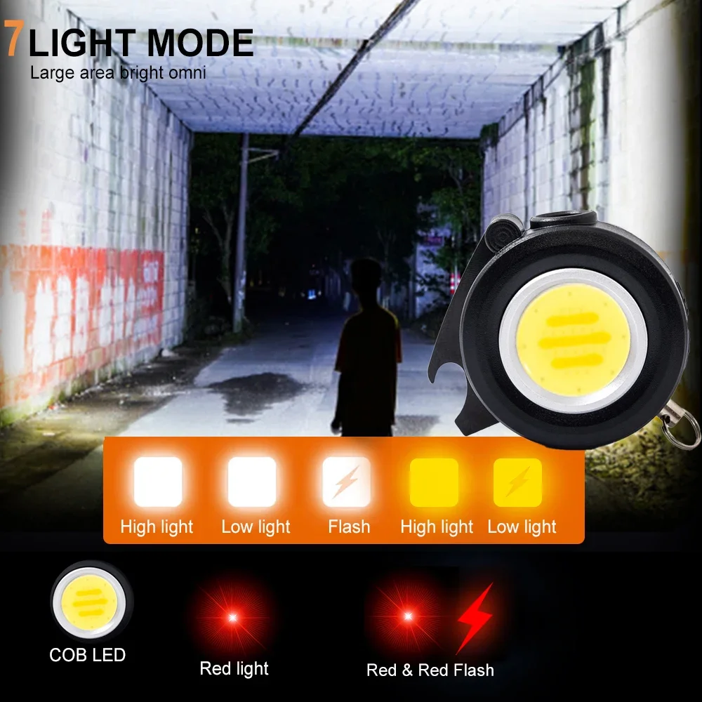 Portable EDC Keychain Flashlight Rechargeable Mini COB Light Torch 10 Modes Emergency Lamp With Screwdriver Car Seat Belt Cutter