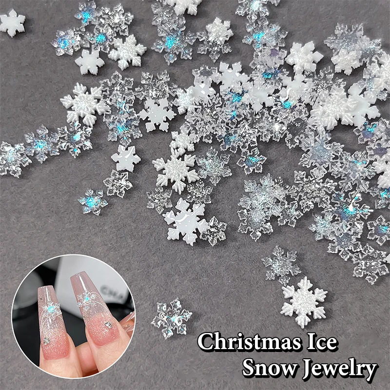 50 Stück Weihnachten funkelnde weiße transparente Schneeflocke Nagel Charms Zubehör Glitzer Harz Schnee Nagel Dekoration für Maniküre
