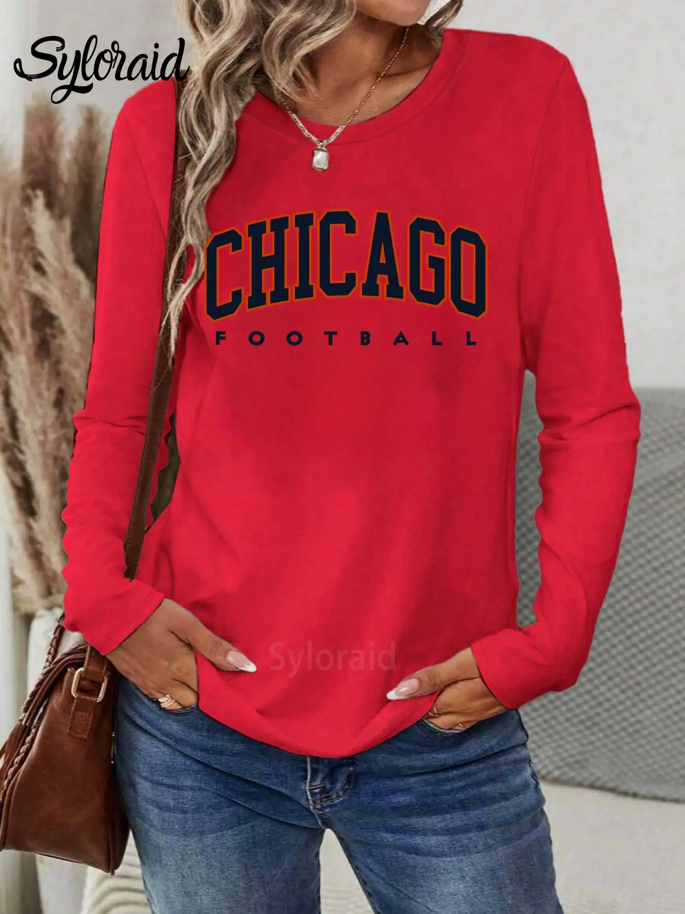 تي شيرت نسائي بأكمام طويلة مطبوع عليه كرة القدم شيكاغو تي شيرت يوم اللعبة قميص كاجوال برقبة دائرية #3