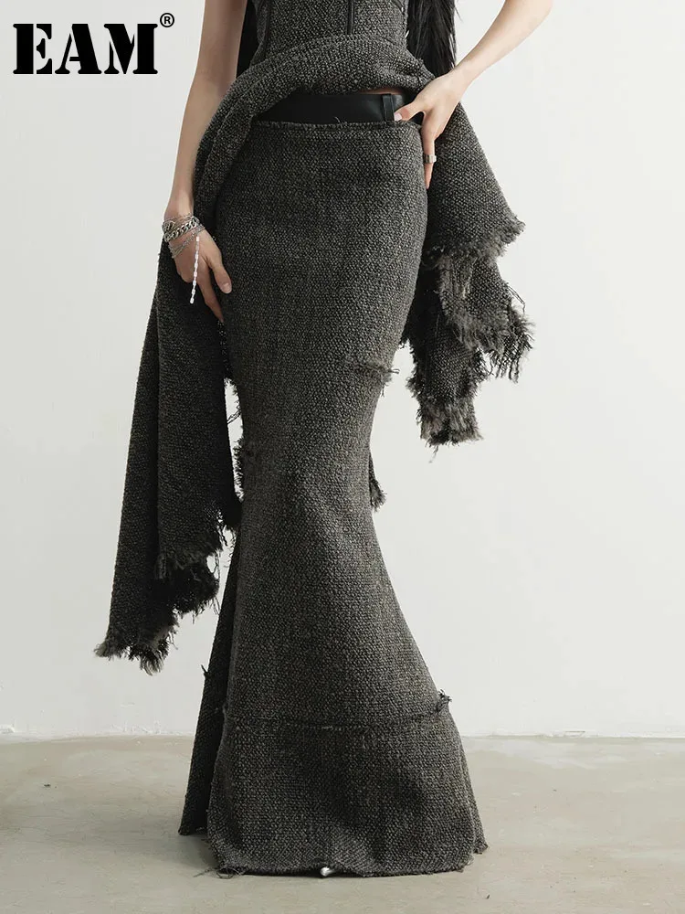 [EAM] High Waist 25% Wool Burr Holes Floor-Length Elegant Half-body Skirt Women Fashion Tide New Autumn Winter 2024 1DH4037