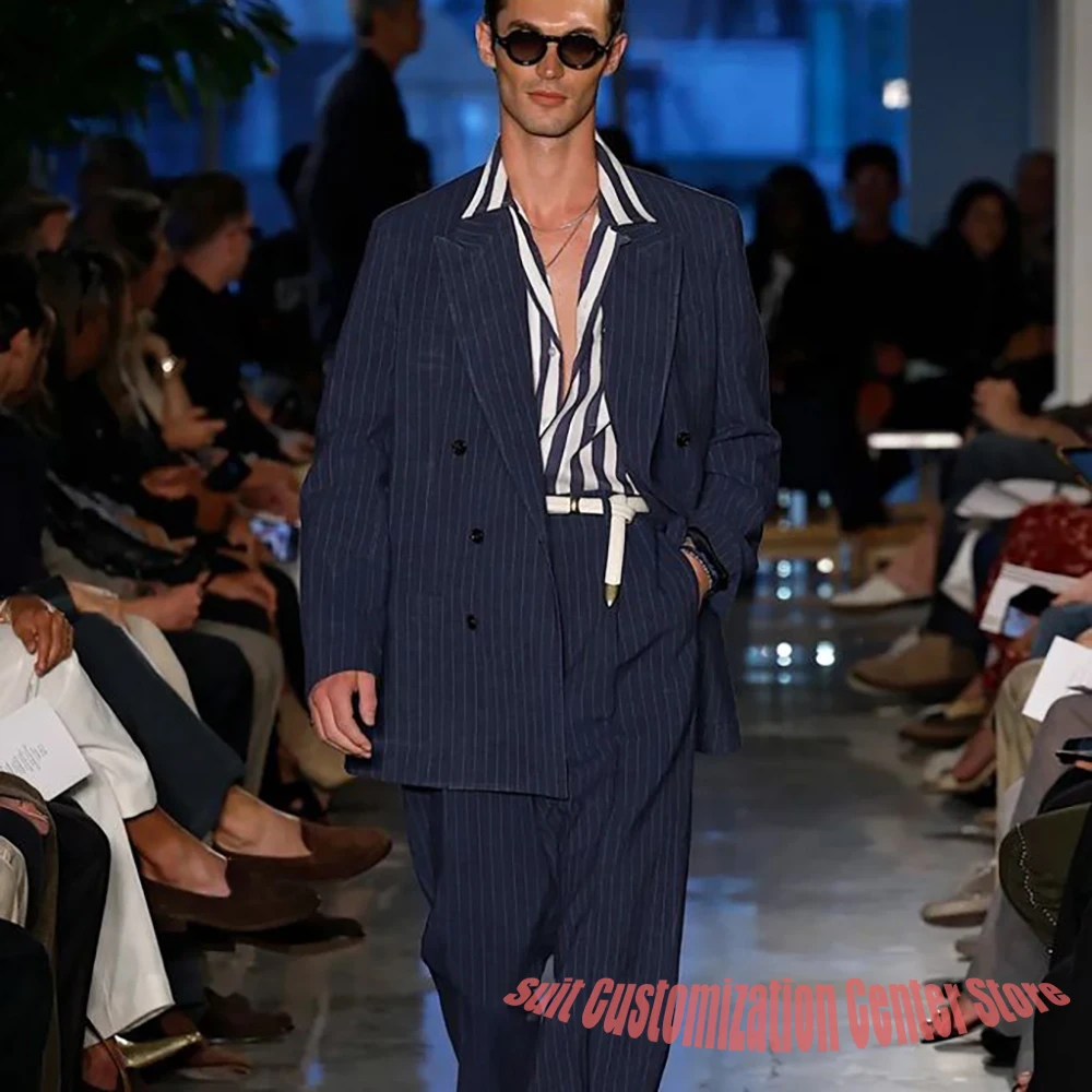 

Navy Blue Pinstripe Double Breasted Suit for Men Oversized Casual 2-Piece Jacket+Pants Set for Summer Beach Wedding Party