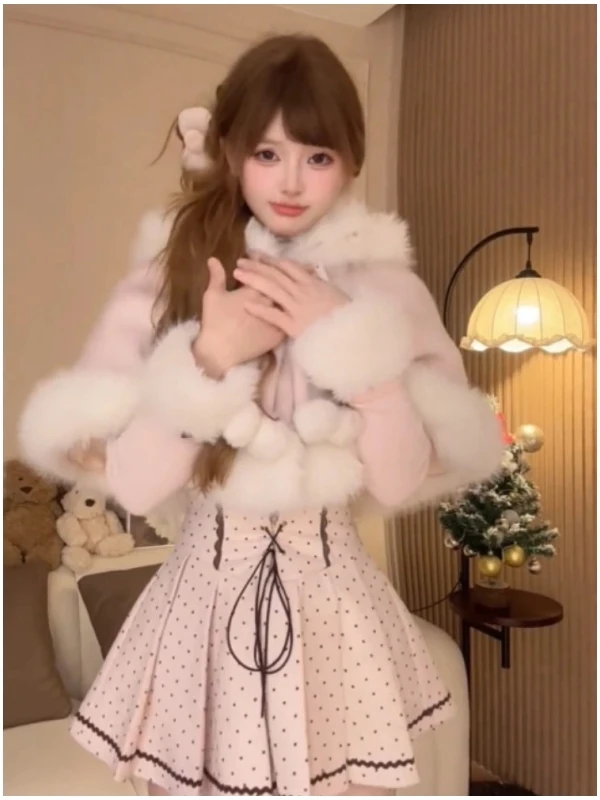 Princ Sle Polka Dot Knitted Hat Coat Women's Autumn Winter Faion Set with Sweet Fluffy Outerwear And Skirt Tee Piece...