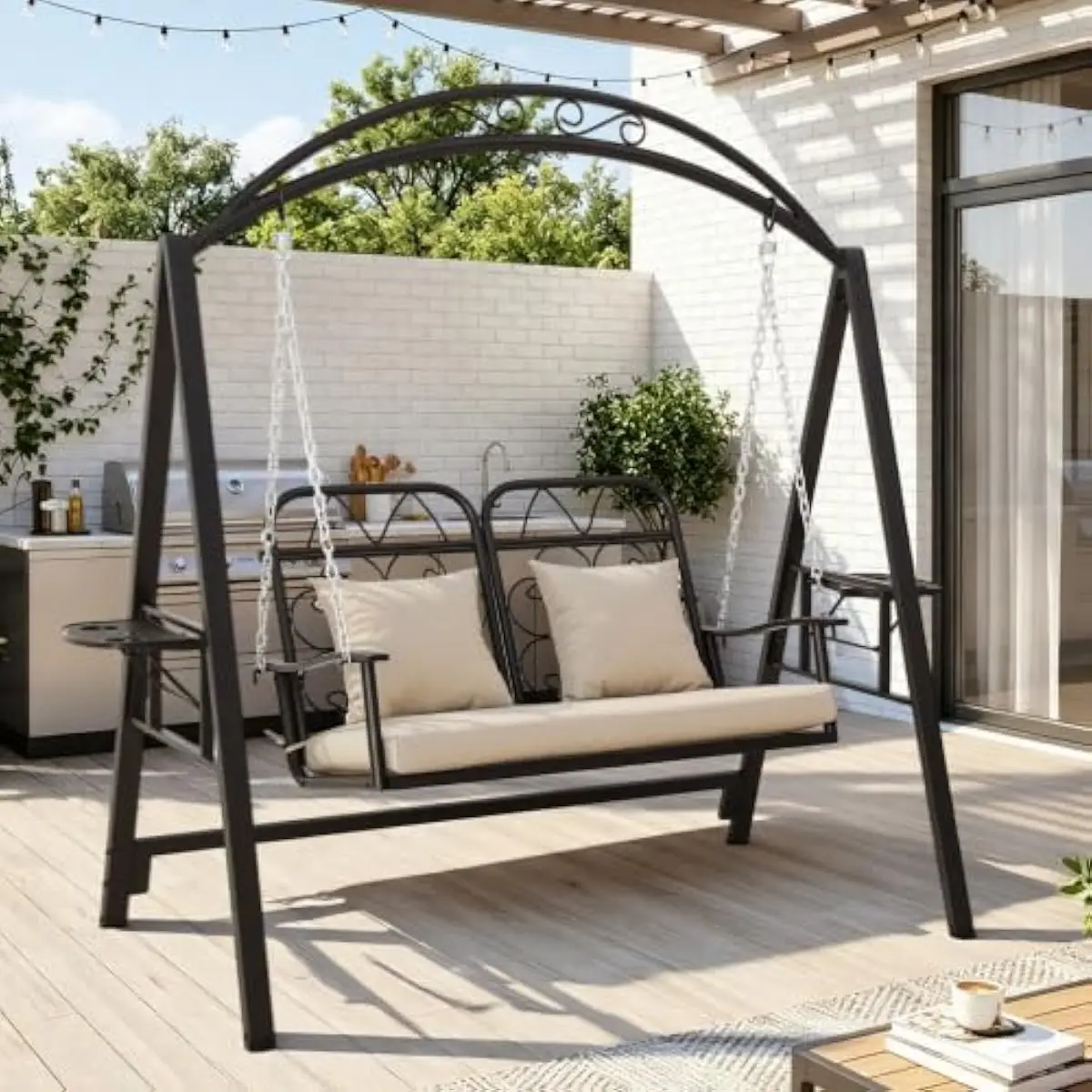 Metal Patio Swing with Sturdy Stand, Ergonomic Tilted Backrest, Waterproof Cushion, Adjustable Chain Height, Dual Side Trays, Wr