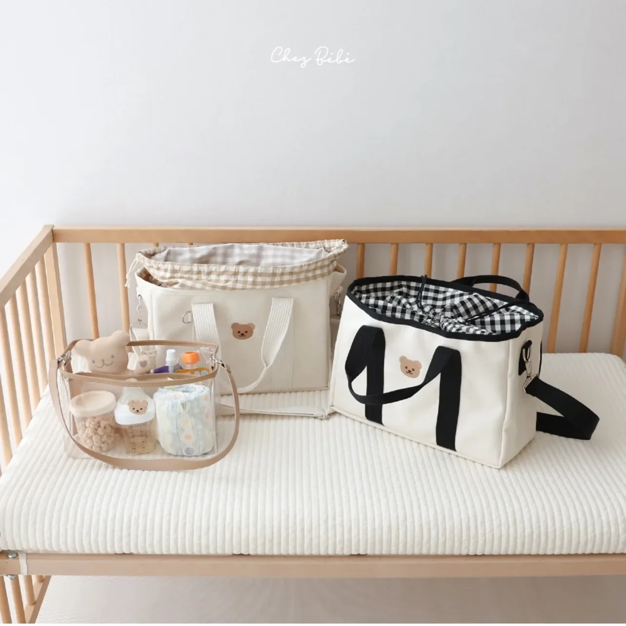 Large Drawstring Storage Multi-functional Tote Walking Mother and Baby Bag Embroidery Bear Canvas Bag Outing Bag