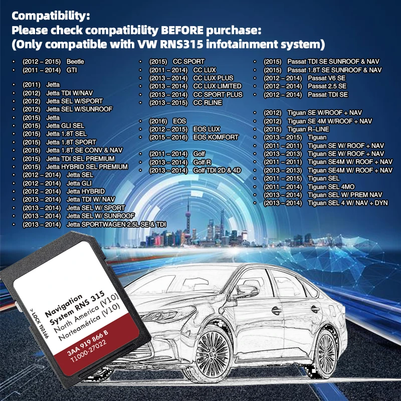2018 for VW EOS Jetta CC GTI Passat Beetle Golf Car GPS Update North America Map Version10 System RNS315 Navigation SD Card