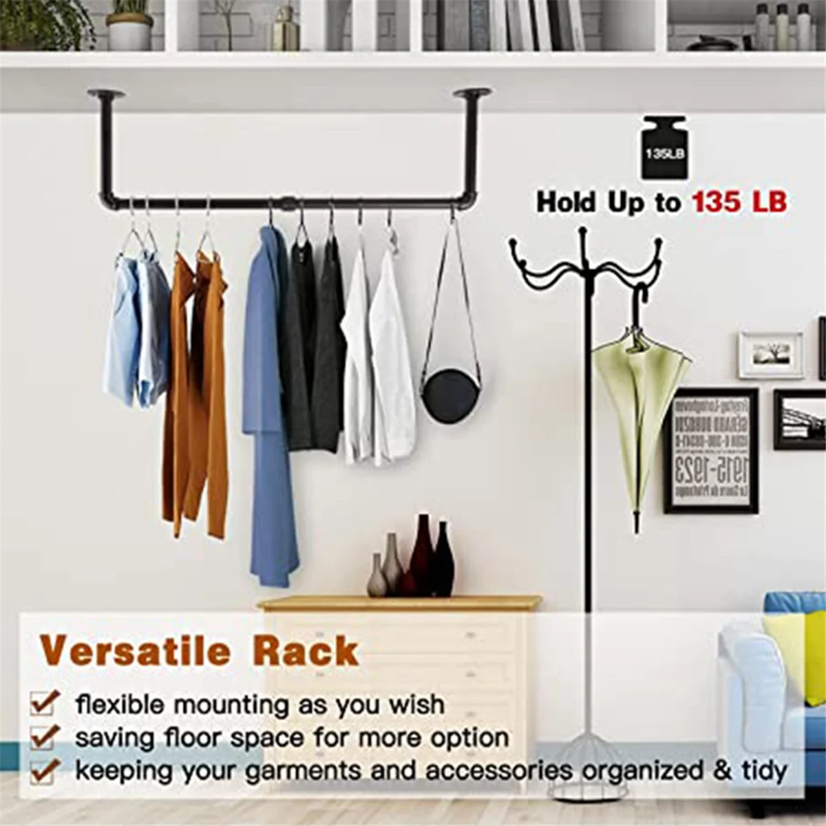 Imagem -05 - Industrial Pipe Clothes Rack Prateleiras Montadas na Parede Heavy Duty Preto Pendurado Roupas Cabolsas Lavanderia