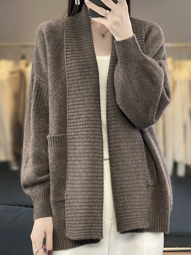 

Легкий роскошный свитер из 100% мериносовой шерсти, элегантный осенне-зимний женский трикотаж, свободный кардиган, женская верхняя одежда, одежда с длинными рукавами, топ