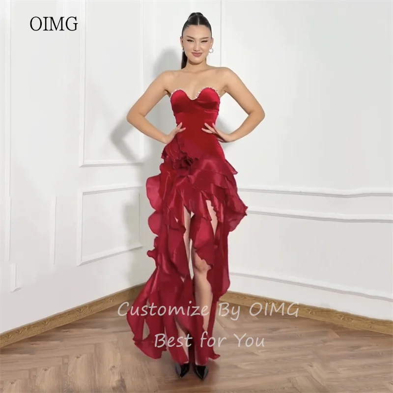 فساتين OIMG العصرية باللون الأحمر غير المتكافئة للحفلات الراقصة بدون ظهر فستان سهرة رسمي بفتحة فيستدوس دي غالا تخصيص #3