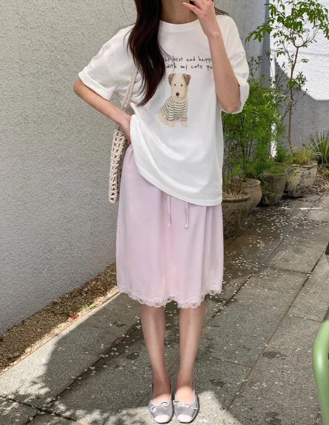Summer French Elegant Pink Sweet Skirt Women's Lace Spliced Satin Knee Length Skirt Casual High Street Fashion Chic Skirt