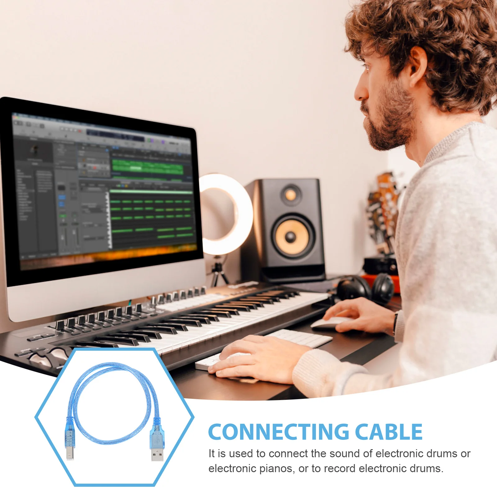 

1pc Electronic Piano Keyboard Usb Cable Blue Braided Durable For Electric Drum Connection Audio Video Line Adapter Cord