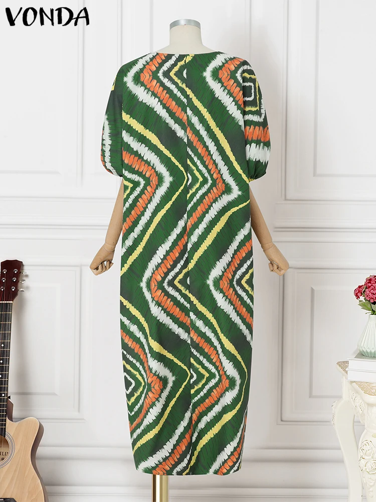 حجم كبير 5XL فوندا النساء البوهيمي ماكسي فساتين الصيف نفخة الأكمام طباعة المرقعة فستان الشمس الطويل 2025 خمر رداء الحفلات الموضة #5