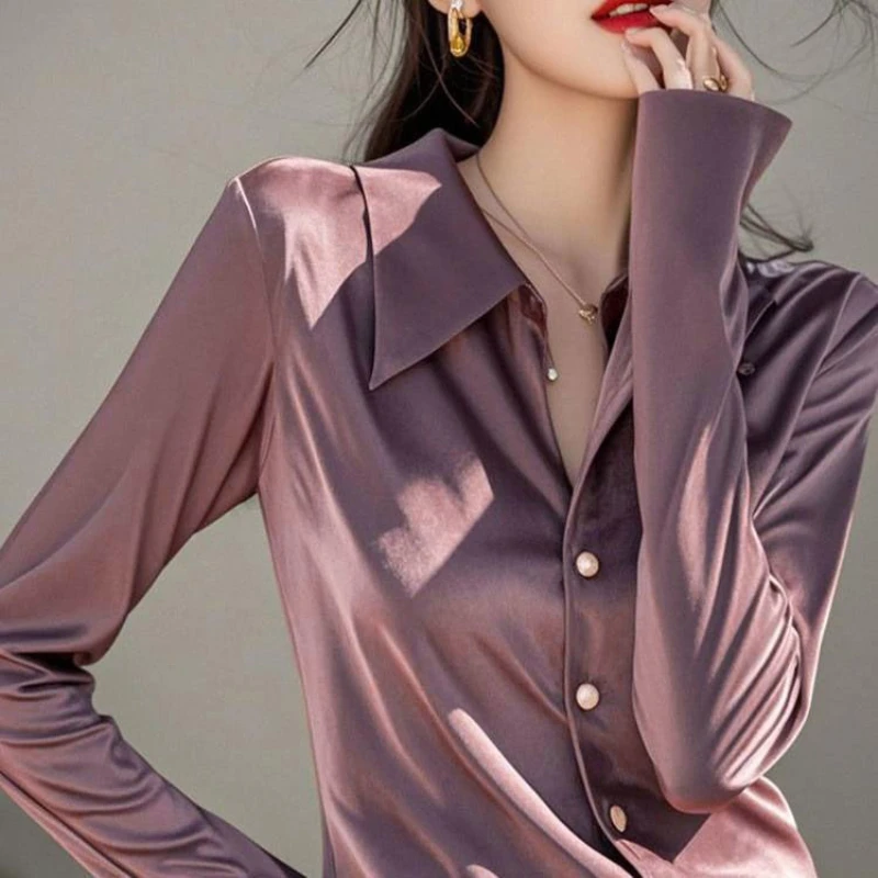 

Весенне-осенняя женская элегантная винно-красная фиолетовая бархатная футболка, женская одежда, офисные женские тонкие велюровые топы, рубашки