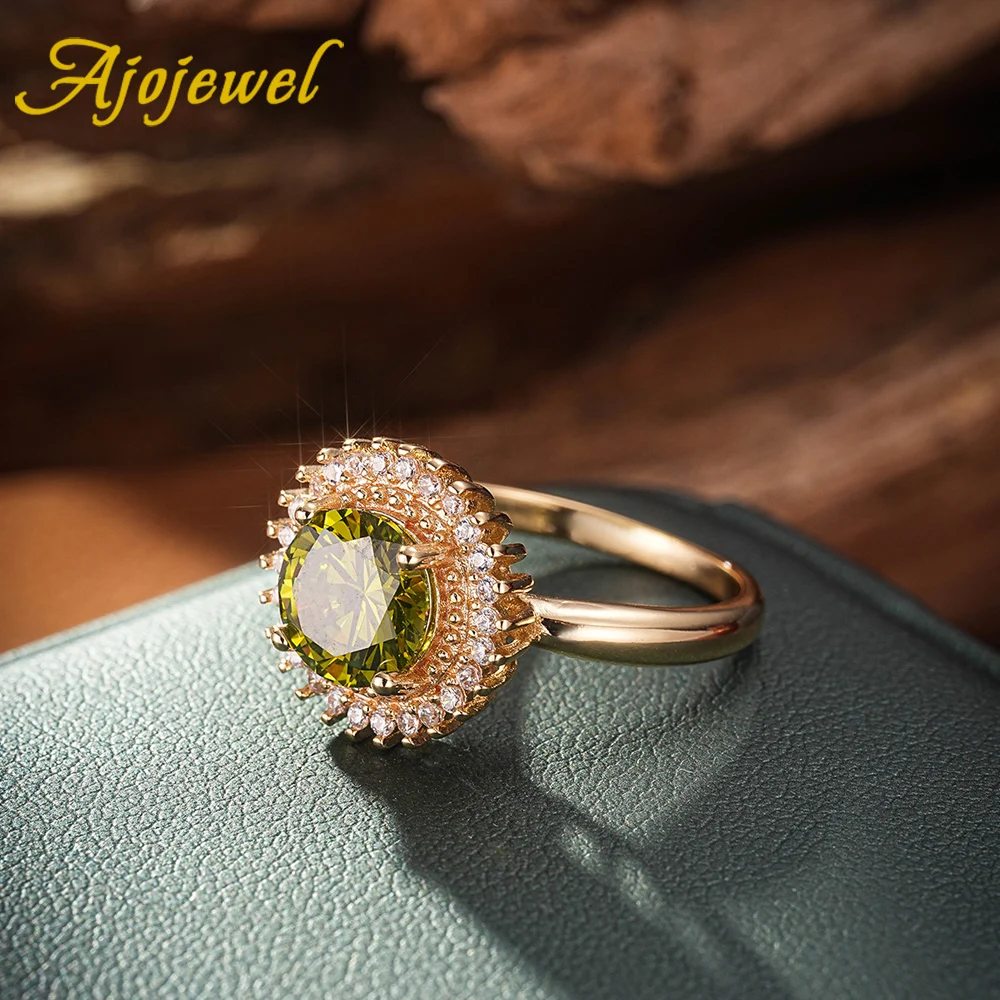 Ajojewel Chic Round Olive Green Zirconia Ring Woman Golden Finger Jewelry Fashion Gifts