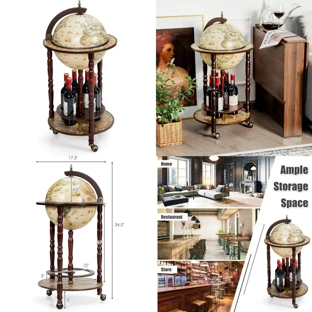 Réplica italiana de soporte para bar de vinos con globo del siglo XVII, gabinete de madera y ruedas para botellas de licor