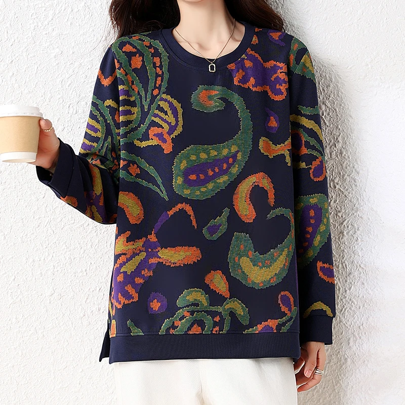 L-XXXL sudadera para mujer primavera otoño Tie-dyed estampado manga larga cuello redondo Top suelto Casual jerseys jersey azul oscuro