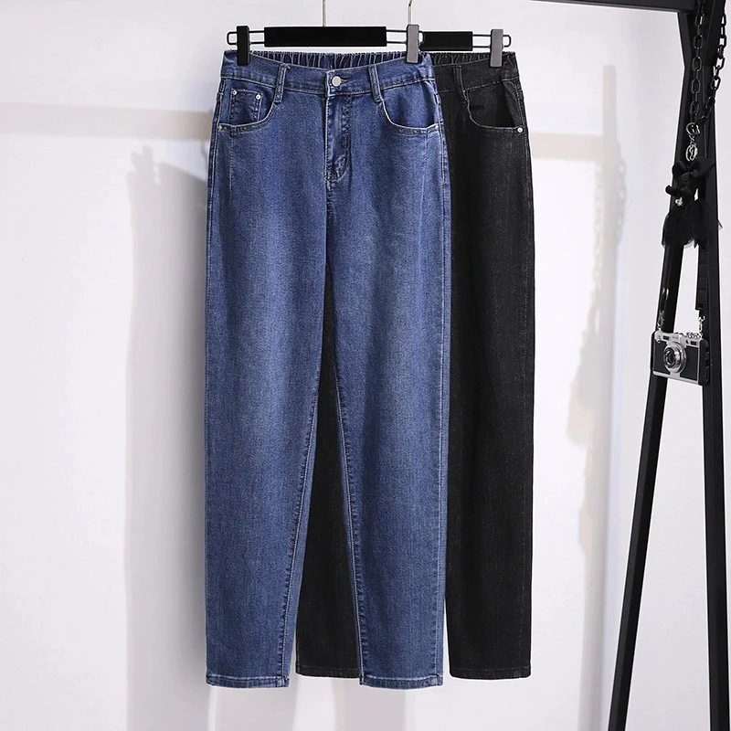 

Plus Size 7XL 170kg Autumn Spring Denim Pants Vintage Female Korean High Elastic Waist Casual Long Navy Blue Jeans Trousers