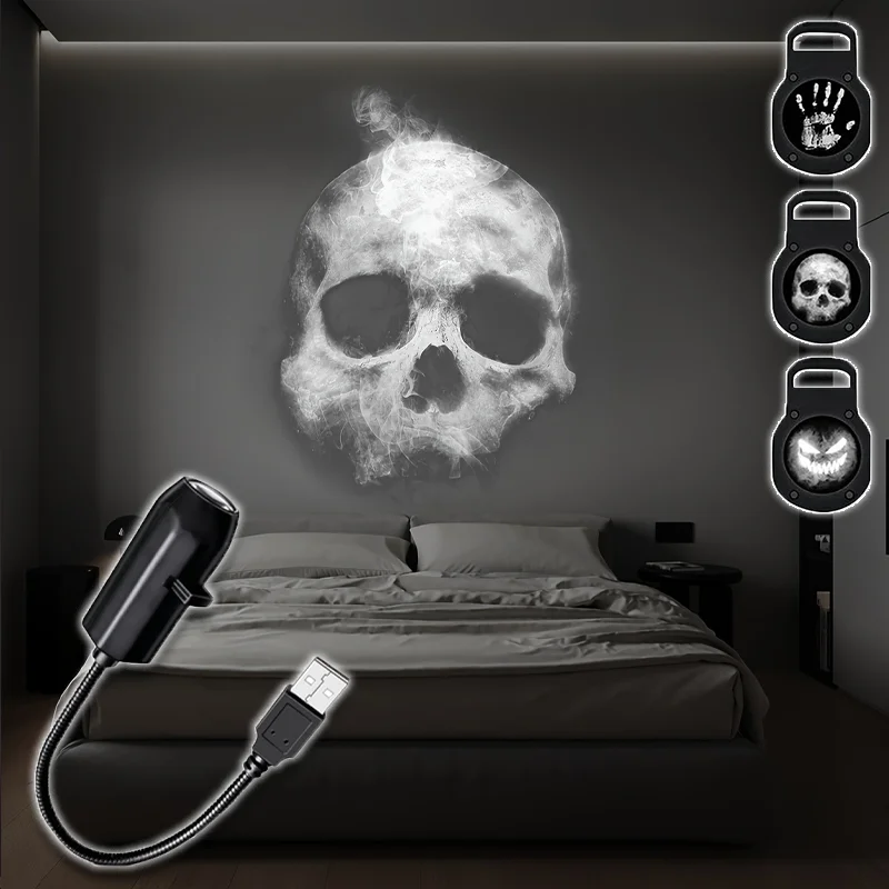 Halloween USB Projector Light Skull Ghost Pattern Switchable LED Night Lamp for Spooky Party Decor Haunted House Ambiance