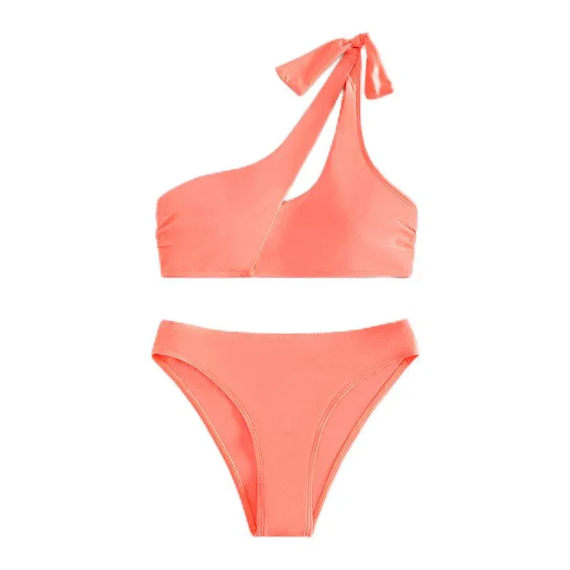 Solid Color Swimsuit for Women,2024 New High Waist 2-piece Bikini,sexy Single Shoulder Hollow Out Backless Swimwear,bathing Suit