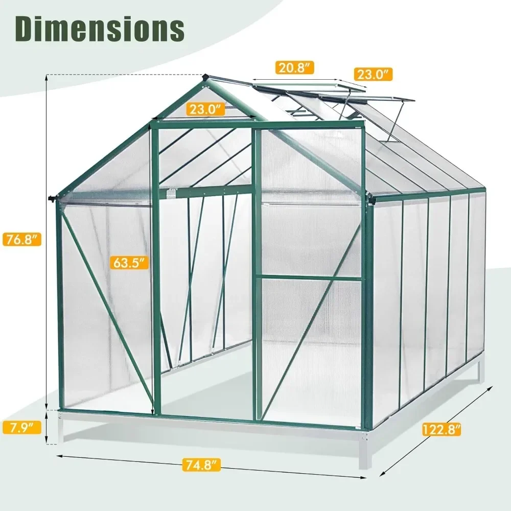 Invernadero de 6 'x 10' con puertas correderas, 2 ventanas de ventilación, canaleta de lluvia, base y anclaje, aluminio resistente