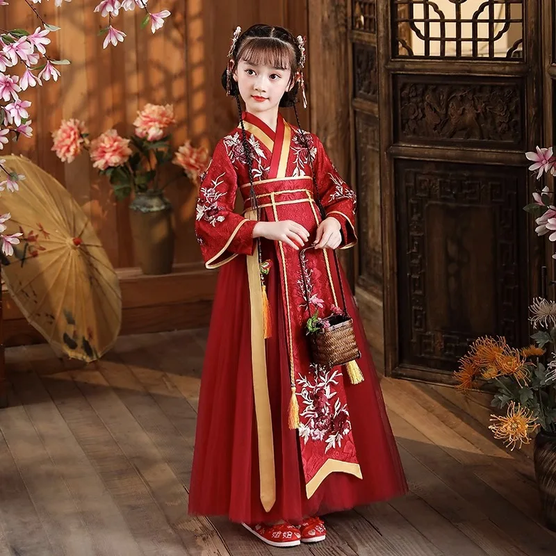 Chinese Hanfu Dress Girls Ancient Traditional Embroidered Dance Carnival Fairy Cosplay Costume Kids Chinese New Year Clothes