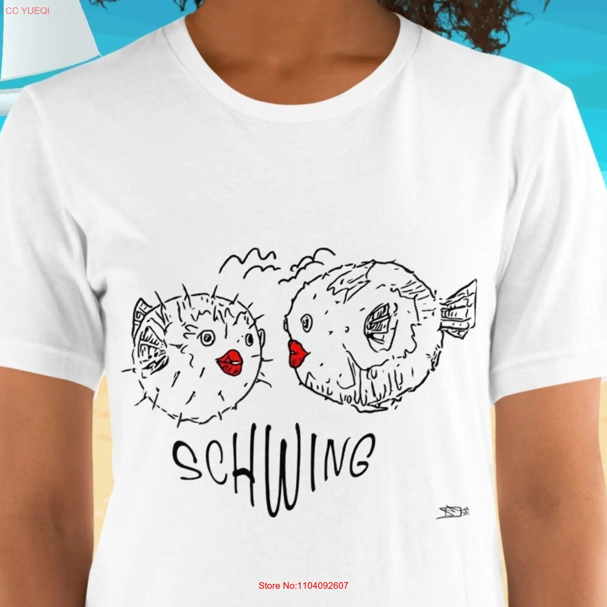 Puffer fish schwing t shirt hand drawn original art beach lovers casual tee gift top for divers ocean valentine day