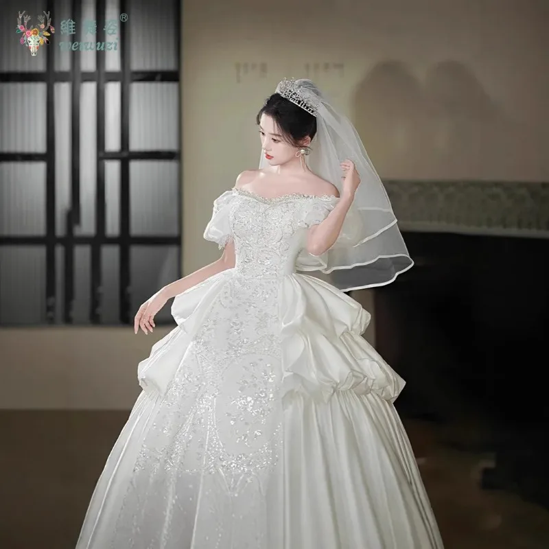 Vestido de novia de industria pesada estilo palaciego Retro francés, bordado de cuentas de lentejuelas, vestido de novia de satén bordado hecho a mano