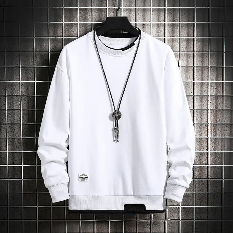 2024 New Men's Solid Color Hoodie Trendy and Simple Round Neck Fashionable Long Sleeved Top Pullover Base Shirt