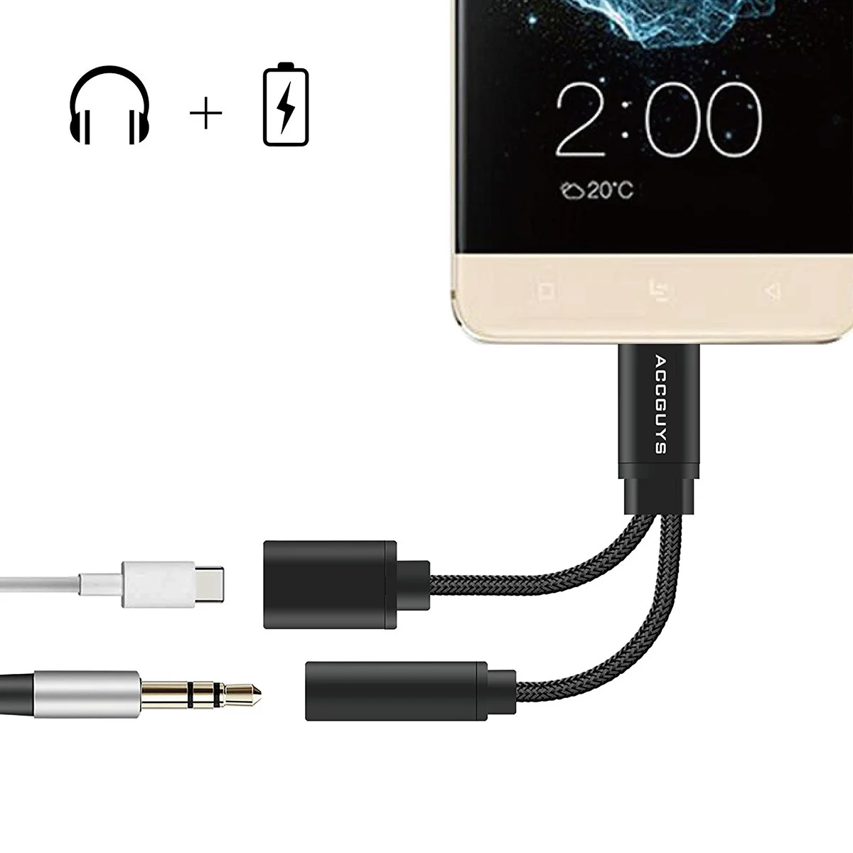 

2 in 1 USB Type C to 3.5mm Audio Adapter for Smartphone Without Headphone Jack High Speed Charging and Stereo Sound Support Type