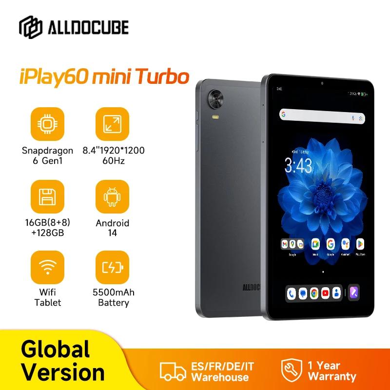 ALLDOCUBE iPlay60 mini Turbo Tablet 8,4 "60Hz Snapdragon 6 Gen1 16GB(8GB+8GB Virtual) RAM 128GB ROM WiFi 5500mAh Android 14