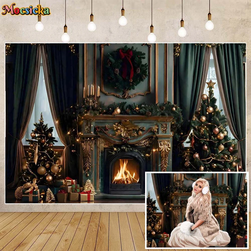 

Mocsicka Christmas Photography Backdrops European Luxury Castle Interior Fireplace Xmas Decor Family Portrait Photo Background