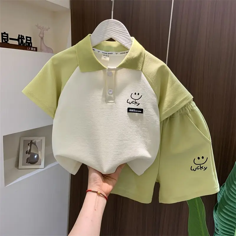 

1-12 Year Kids Boys Girls T-shirt+ Shorts 2pcs Clothes Set Korean Style Fashion Patchwork Polo Shirt Summer Casual Sports Suit