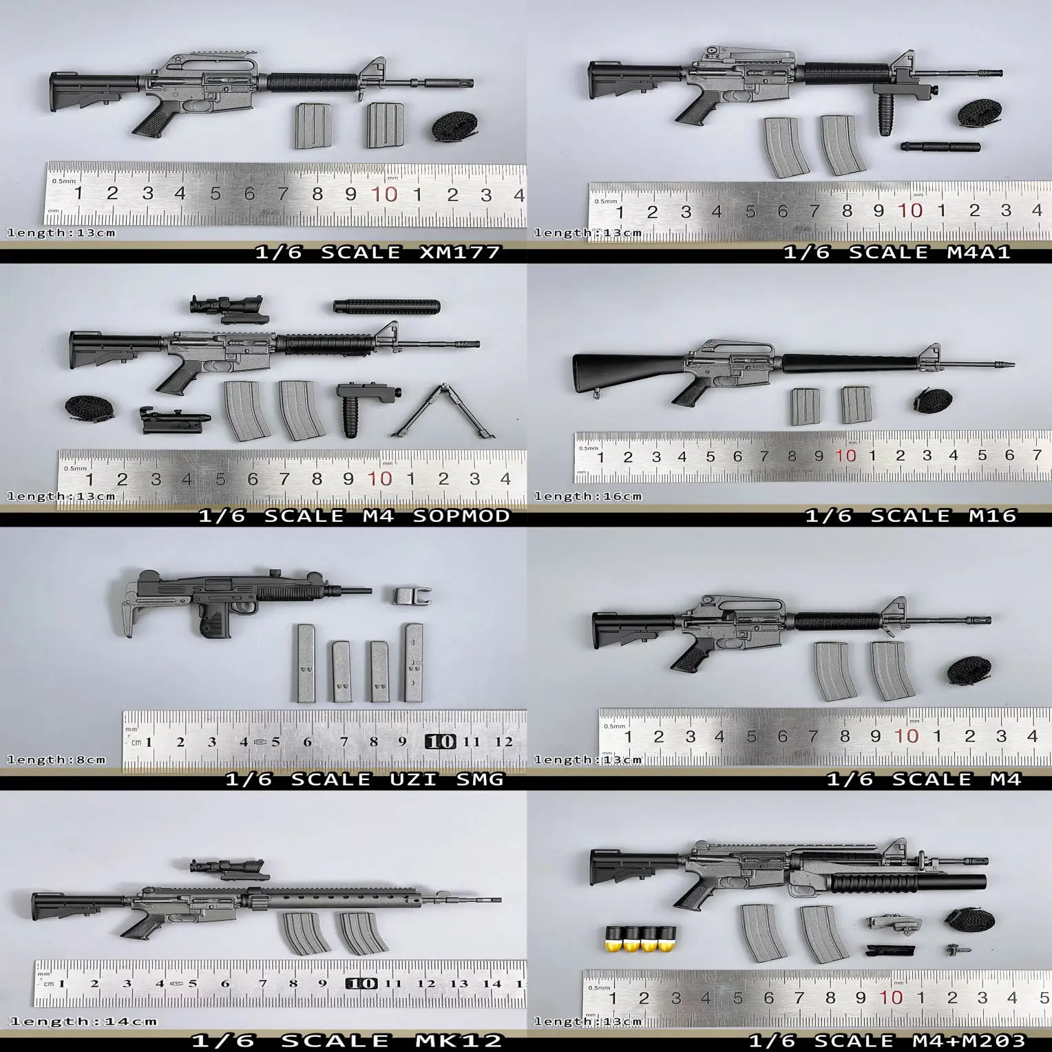 1/6 Soldier M4 M4A1 M4 SOPMOD M4+M203 XM177 M16 MK12 UZI SMG Plastics Weapon Model Toy Fit 12'' Action Figures In Stock