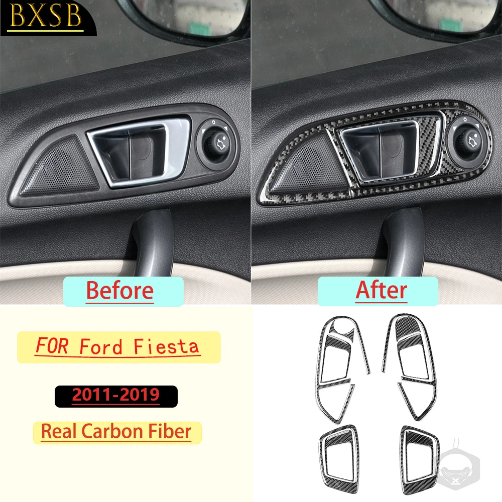 Real Soft Carbon Fiber For Ford Fiesta 2011-2019 Car Door Handle Frame Trim Kit Customizable Car Stickers Interior Accessories