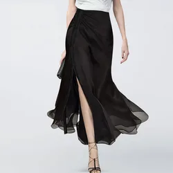 High End Black Fashionable A-line Chiffon Skirt For Women Summer Trendy High Waisted Slit and Flowing Female Loose Tulle Skirts