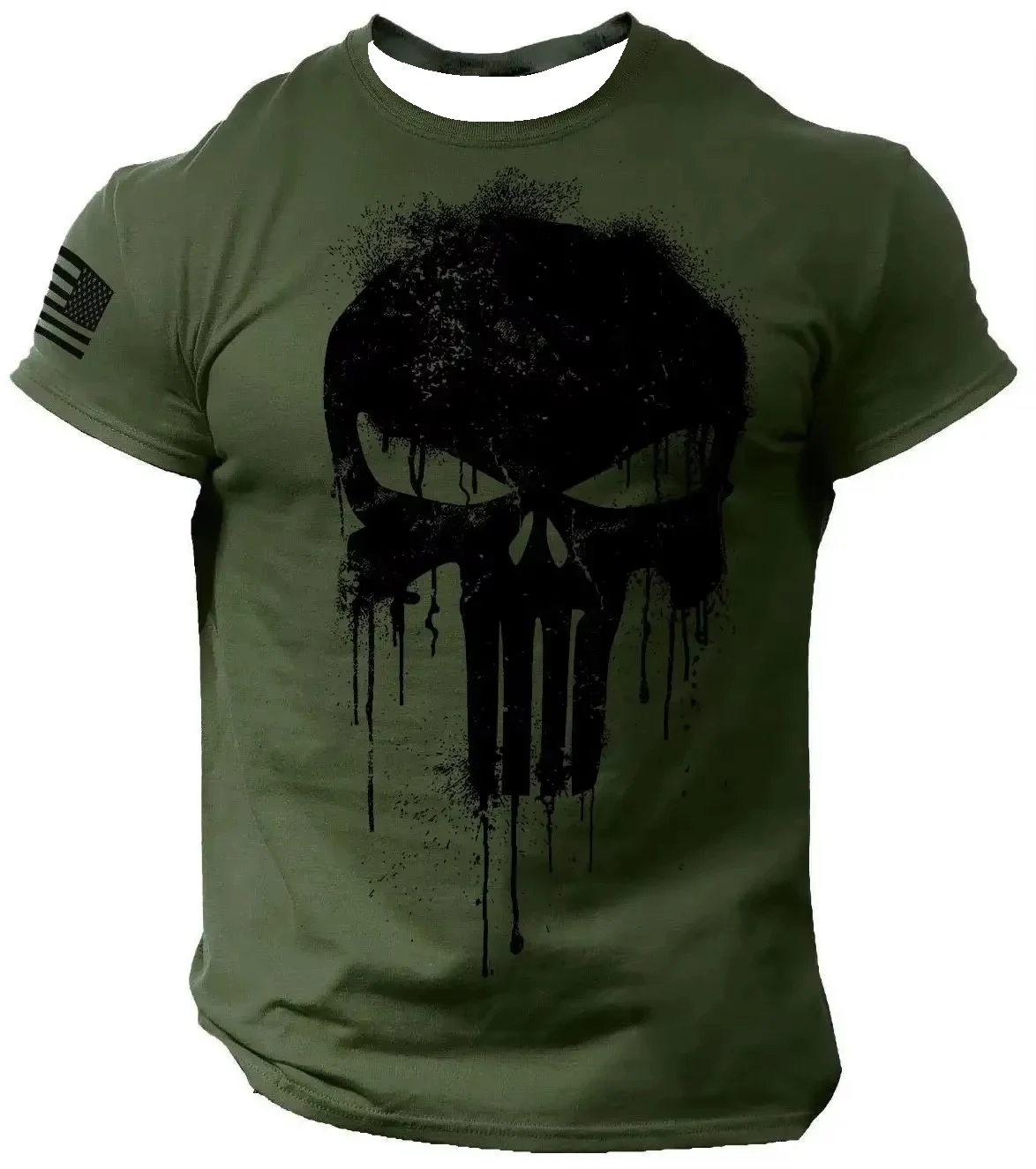Mens Halloween Gym Workout Short Sleeve T Shirt Vintage Splash Dripping Skull Print USA Flag Sleeve Tactical Casual Street Tops