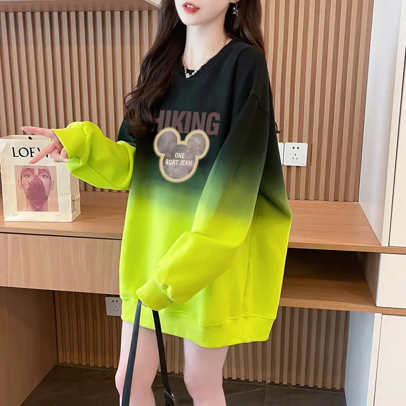 Korean Women\'s 2024 Spring and Autumn New Splicing O-Neck Print Fashion Minimalist Casual Gradient Loose Long Sleeved Hoodies