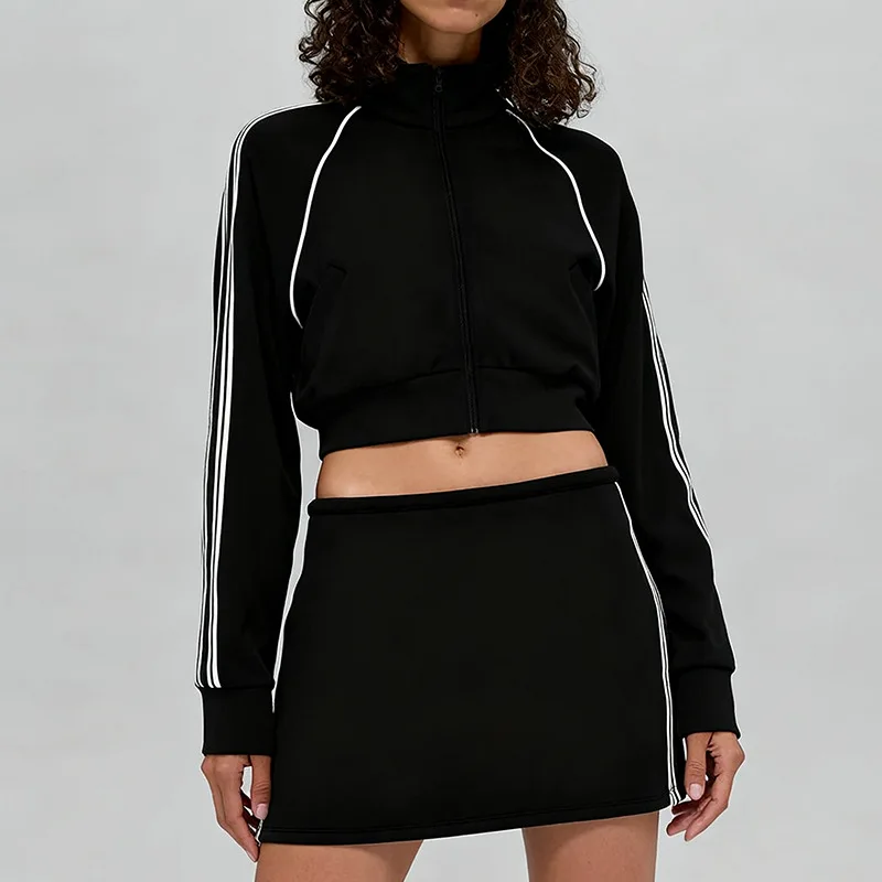 

Autumn and winter new Modal air layer with white stripes breathable stand-up collar zipper coat short skirt casual sportswear se