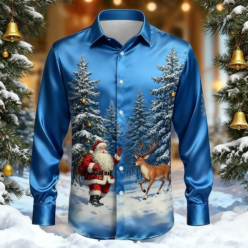 الرجال سانتا كلوز شجرة عيد الميلاد ندفة الثلج قميص فستان قميص طويل الأكمام موضة قمصان عادية في الهواء الطلق حفلة عطلة ربيع الخريف
