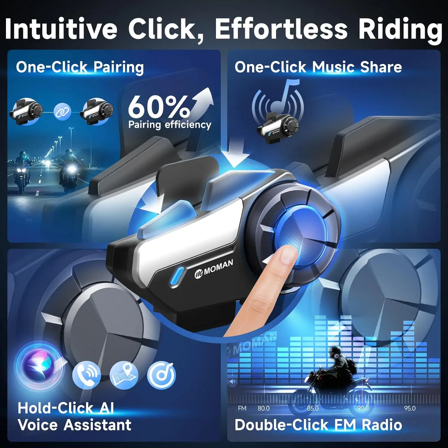 Moman Motorcycle Intercom System Helmet Headset Wireless Interphone H2S 1000M Wireless Music Sharing