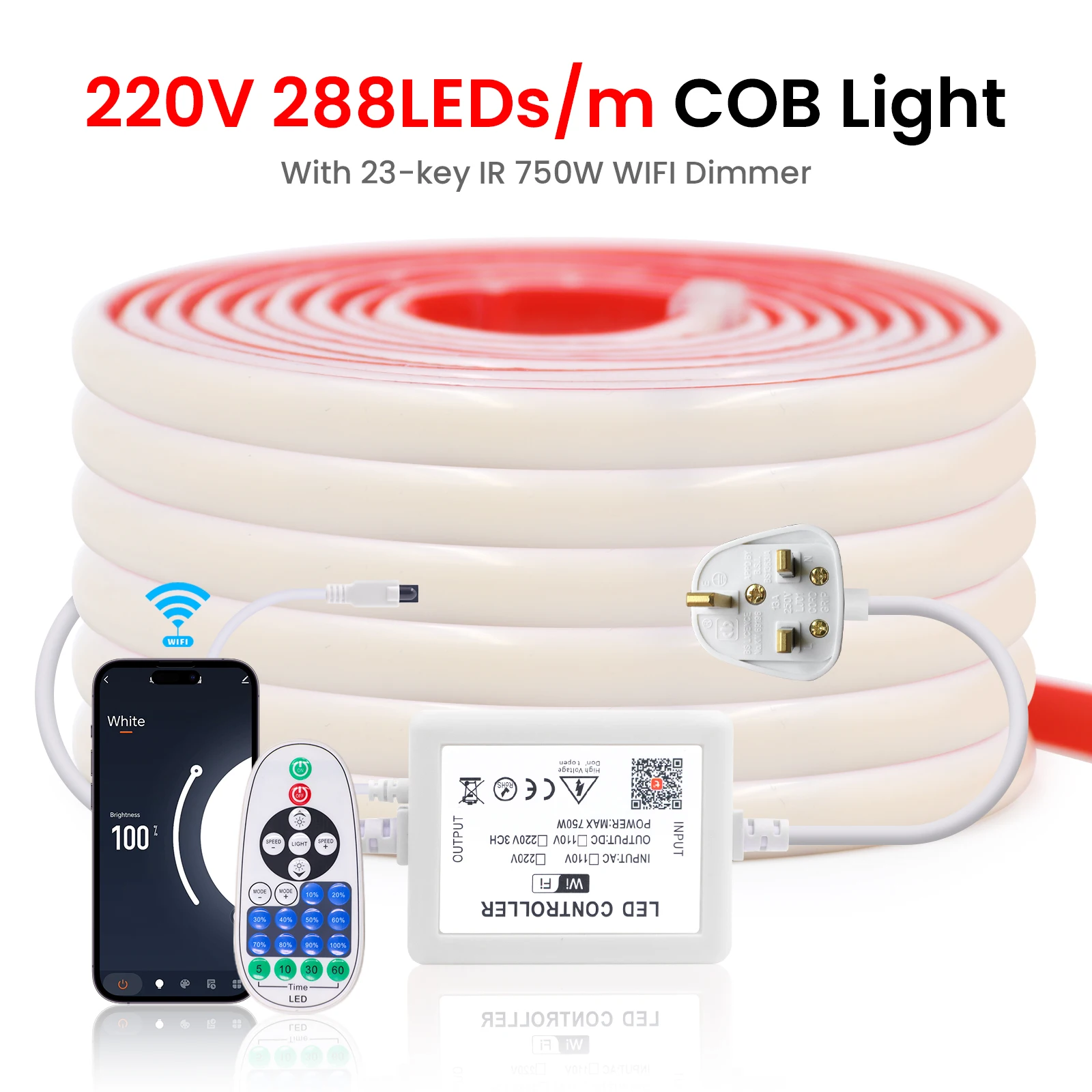 

COB LED Light Strip 220V 288LEDs/m Smart IR Wifi Remote Control Waterproof Fliexible Tape for Home Decor 0.5m 5m 10m 20m 30m