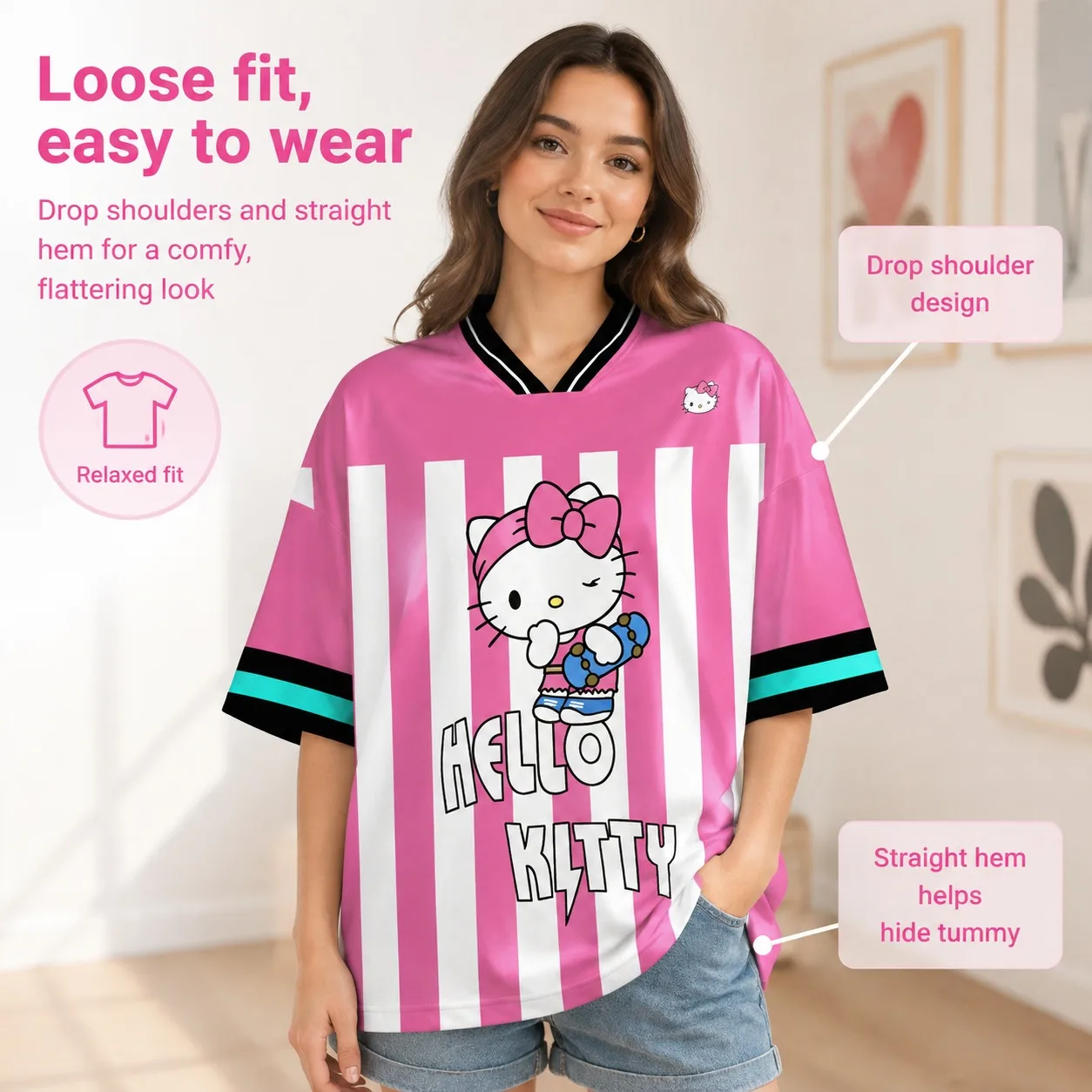 Pink White Striped Hello Kitty V-Neck Oversized Jersey Cute Skate Cartoon Front Back Print Kawaii Streetwear Casual T-shirt view 3