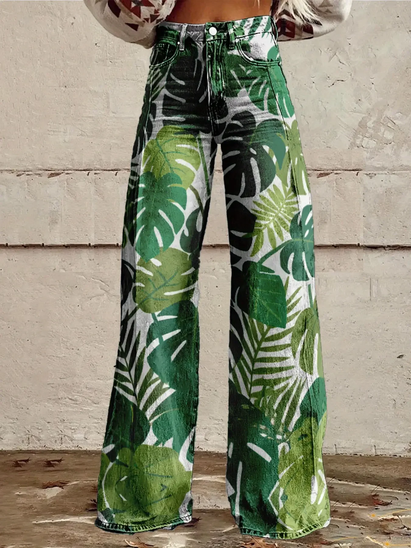 2026Women's imitation jeans printed with various high waisted flared pants, retro fashion, Ladies' high waisted wide leg jeans