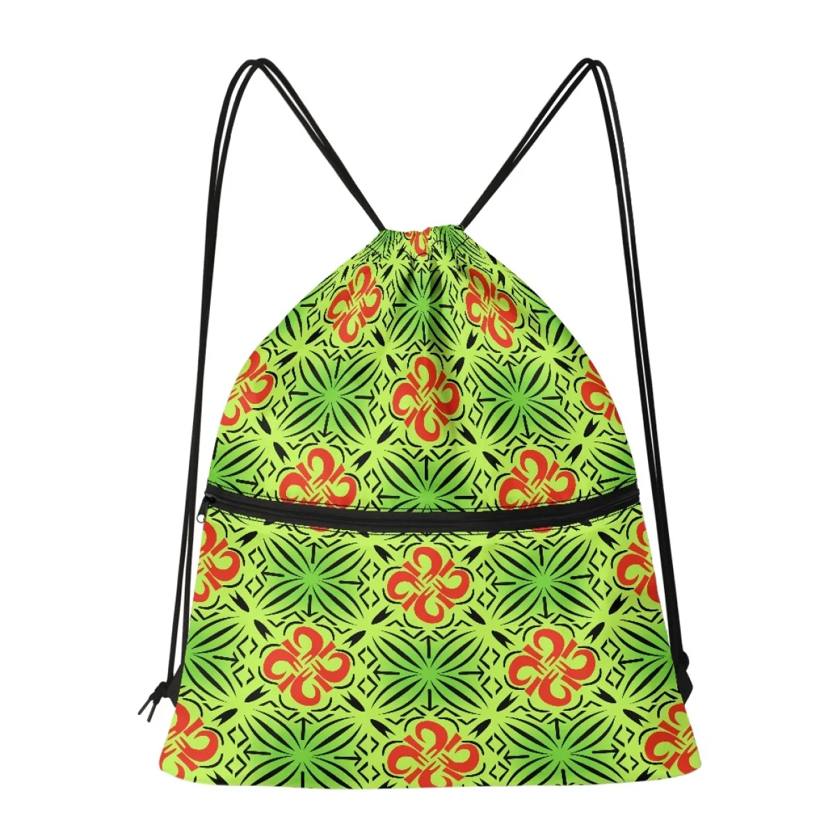 Polynesian Tribal Samoan Tapa Print Drawstring Bag with Zipper Pocket Print Gym Polyester Drawstring Backpack Bag for Unisex